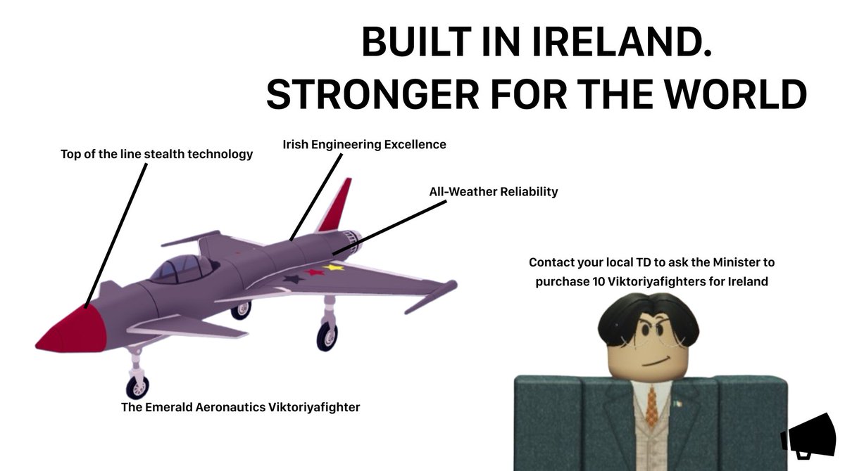The Government must purchase 10 Emerald Aeronautics fighter jets to gift Morocco. 

10 Emerald Aeronautics fighter jets are a gift to Morocco, a win for Irish industry.