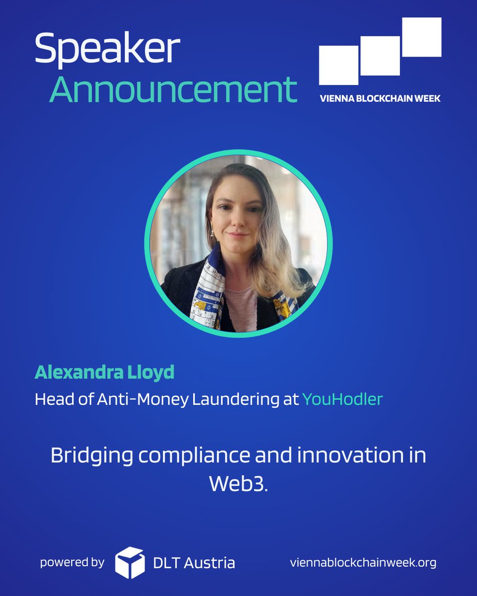 🔥 Speaker Announcement – Vienna Blockchain Week 2025 🚀

We are delighted to welcome Alexandra Lloyd LL.M, Compliance &amp; Risk Manager at <a href="/YouHodler/">YouHodler</a> , to the stage at Vienna Blockchain Week 2025!

Alexandra is a compliance and risk expert with a focus on crypto, Web3, AML, data