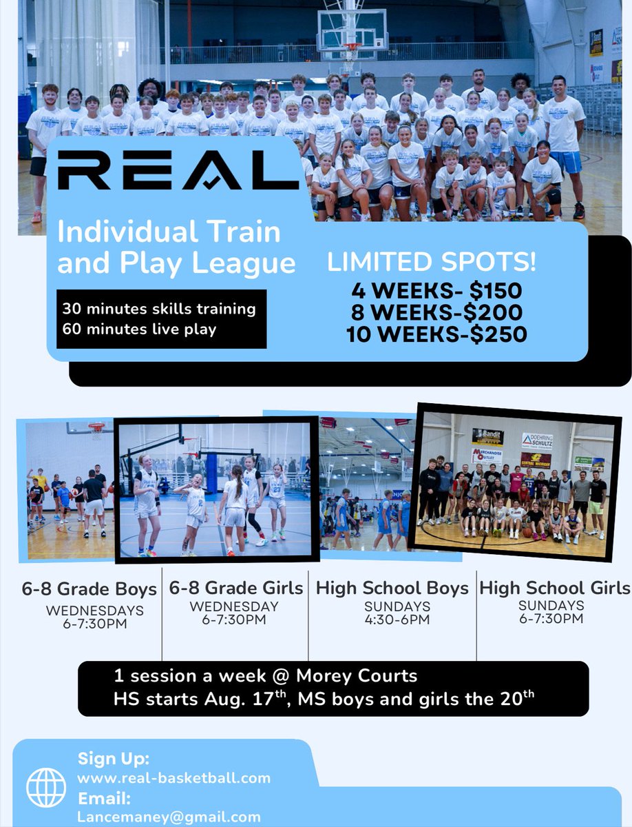 🚨Fall individual league 🏀

8 sessions of our Sunday high school league remaining - a few spots open if interested in joining, sign up today! ✅

real-basketball.com