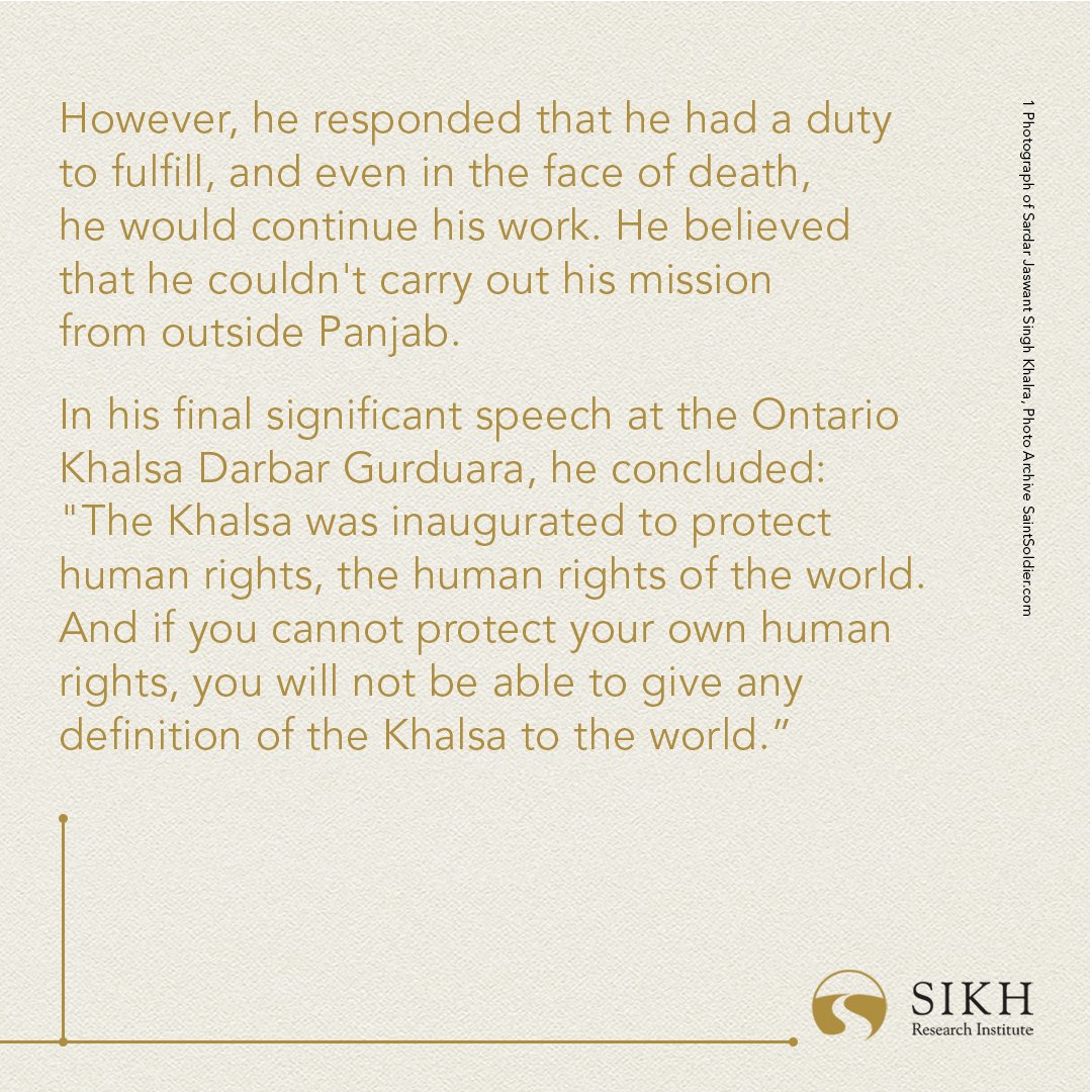 SikhRI's tweet photo. Today in #Sikh History:
On this day in 1995, Bhai Jaswant Singh Khalra was abducted by the Panjab Police outside his home. He endured brutal torture for over a month before being extrajudicially murdered on October 27th, 1995. His body was never recovered. 

Jaswant Singh Khalra became politically active after witnessing the aftermath of the Battle of Amritsar and the June 1984 Ghallughara. Following the killings of two of his colleagues by the police, Jaswant Singh began investigating the extrajudicial killings of Sikhs and their secret cremations. Through extensive research, he uncovered evidence that the Panjab Police had executed thousands of young Sikhs and disposed of their bodies without informing their families. Jaswant Singh bravely exposed this information to the world. The chilling response from the Panjab Police was, "If 25,000 have disappeared, it will be easy to make one more disappear too."

Three months before his abduction, Bhai Jaswant Singh had visited Canada to share his work. Many urged him to seek refugee status as his life was in grave danger. However, he responded that he had a duty to fulfill, and even in the face of death, he would continue his work. He believed that he couldn't carry out his mission from outside Panjab. In his final significant speech at the Ontario Khalsa Darbar Gurduara, he concluded: "The Khalsa was inaugurated to protect human rights, the human rights of the world. And if you cannot protect your own human rights, you will not be able to give any definition of the Khalsa to the world.”

#TodayInHistory #India #Punjab #Panjab #SikhHistory
