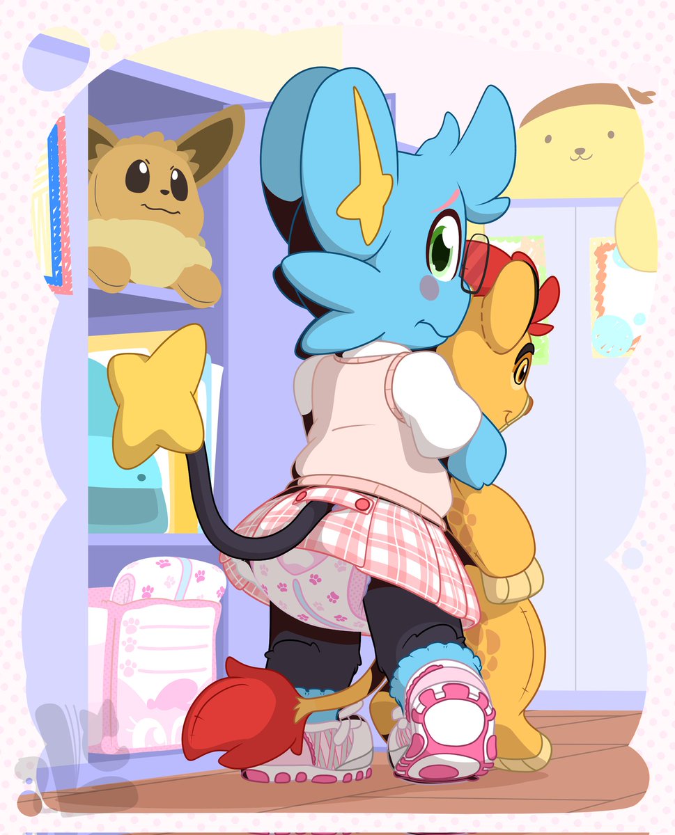 Bab Commish for <a href="/ShinxyNerd/">ShinxyNerd</a> with Sparky coming to school in all girls clothing while hugging his Kion plush for comfort.