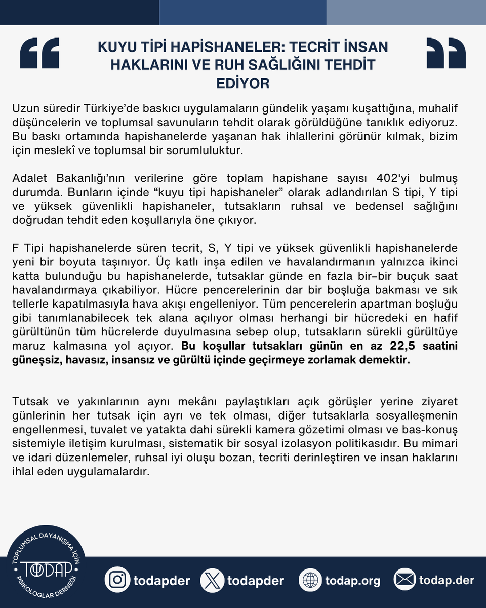 todapder's tweet photo. Toplumsal dayanışmadan yana psikologlar olarak tecritin insan yaşamını tehdit eden bir uygulama olduğunu yineliyoruz. Kuyu tipi hapishanelerdeki insan hakları ihlallerine ve tecrite karşı, dayanışmayı büyütme çağrısı yapıyoruz.

#KuyuTipiHapishanelerKapatılsın https://t.co/RKXvTKHswb