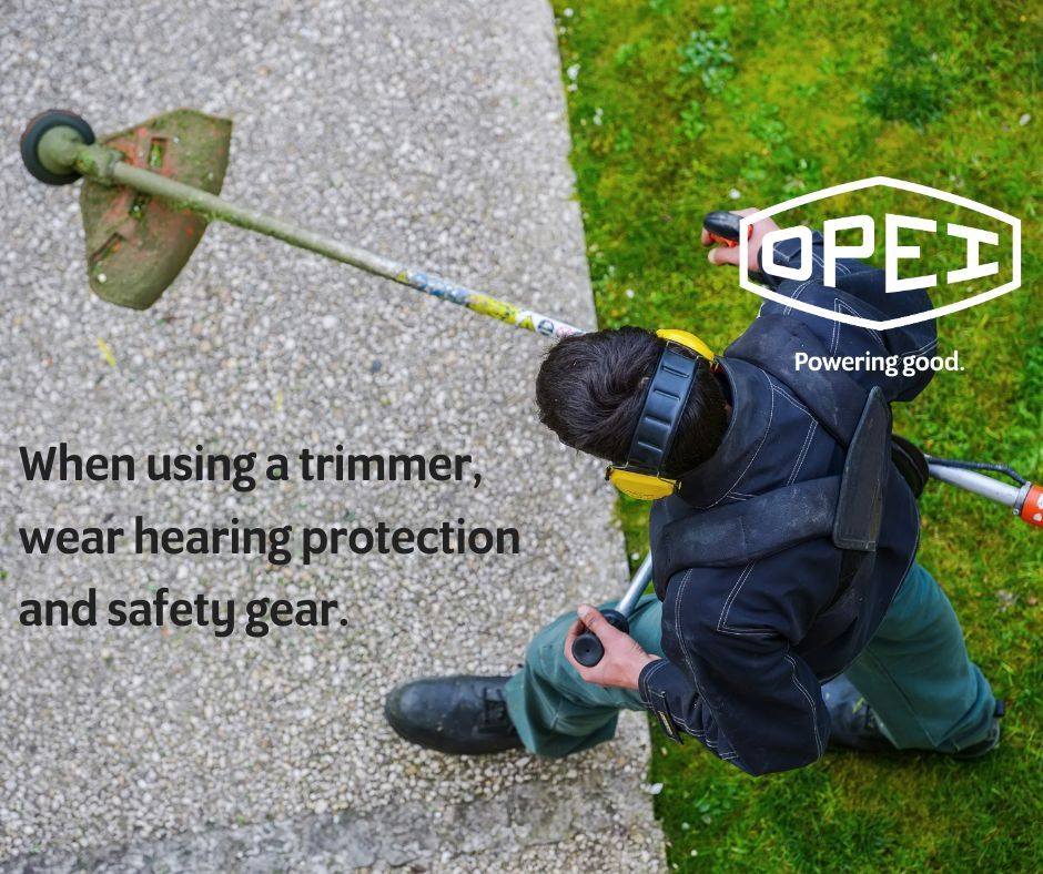 OPEInstitute's tweet image. When using a trimmer, wear hearing protection and safety gear. #lawncare #trimmer #stringtrimmer #yardwork