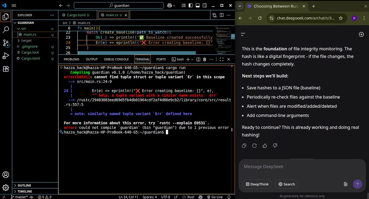 HazzaTechHub's tweet photo. 🚀 Learning #Rust by building with AI!
Built "Guardian"—a file integrity monitor. Hit permission errors but debugged them by reading the terminal carefully
✅ SHA256 hashing
✅ Creates baseline JSON
✅ Handled errors
AI helps me understand but the grind is real! Next: monitoring https://t.co/1fv9QPnXi5