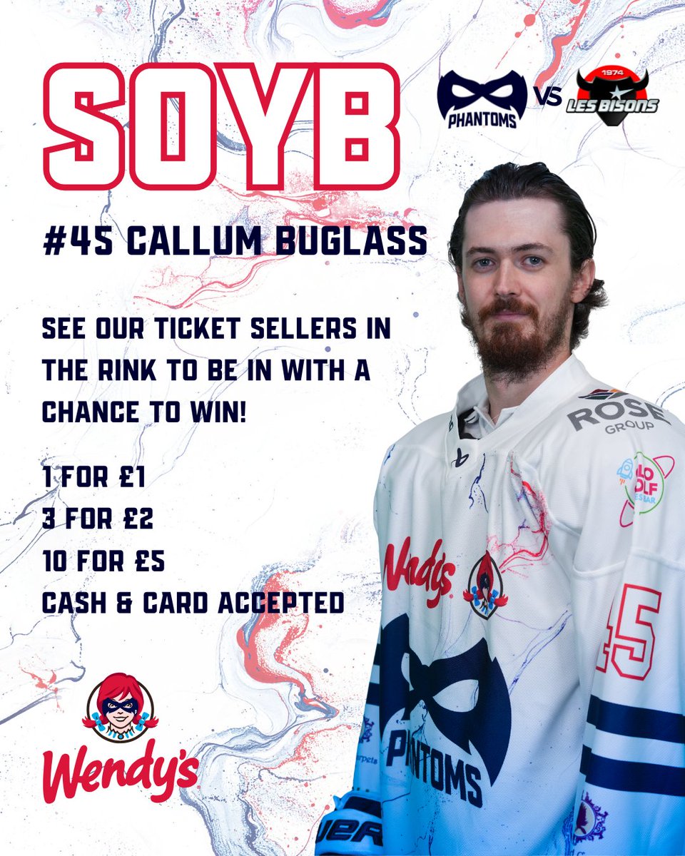 Tonight's Shirt Off Your Back is our #45 Callum Buglass! 🤩

1️⃣ for £1
3️⃣ for £2
🔟 for £5

Be sure to see our ticket sellers in the rink this evening to be in with a chance of winning! 🤞

#WeArePhantoms