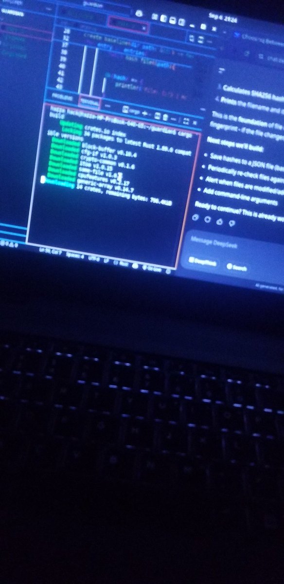 HazzaTechHub's tweet photo. 🚀 Learning #Rust by building with AI!
Built "Guardian"—a file integrity monitor. Hit permission errors but debugged them by reading the terminal carefully
✅ SHA256 hashing
✅ Creates baseline JSON
✅ Handled errors
AI helps me understand but the grind is real! Next: monitoring https://t.co/1fv9QPnXi5
