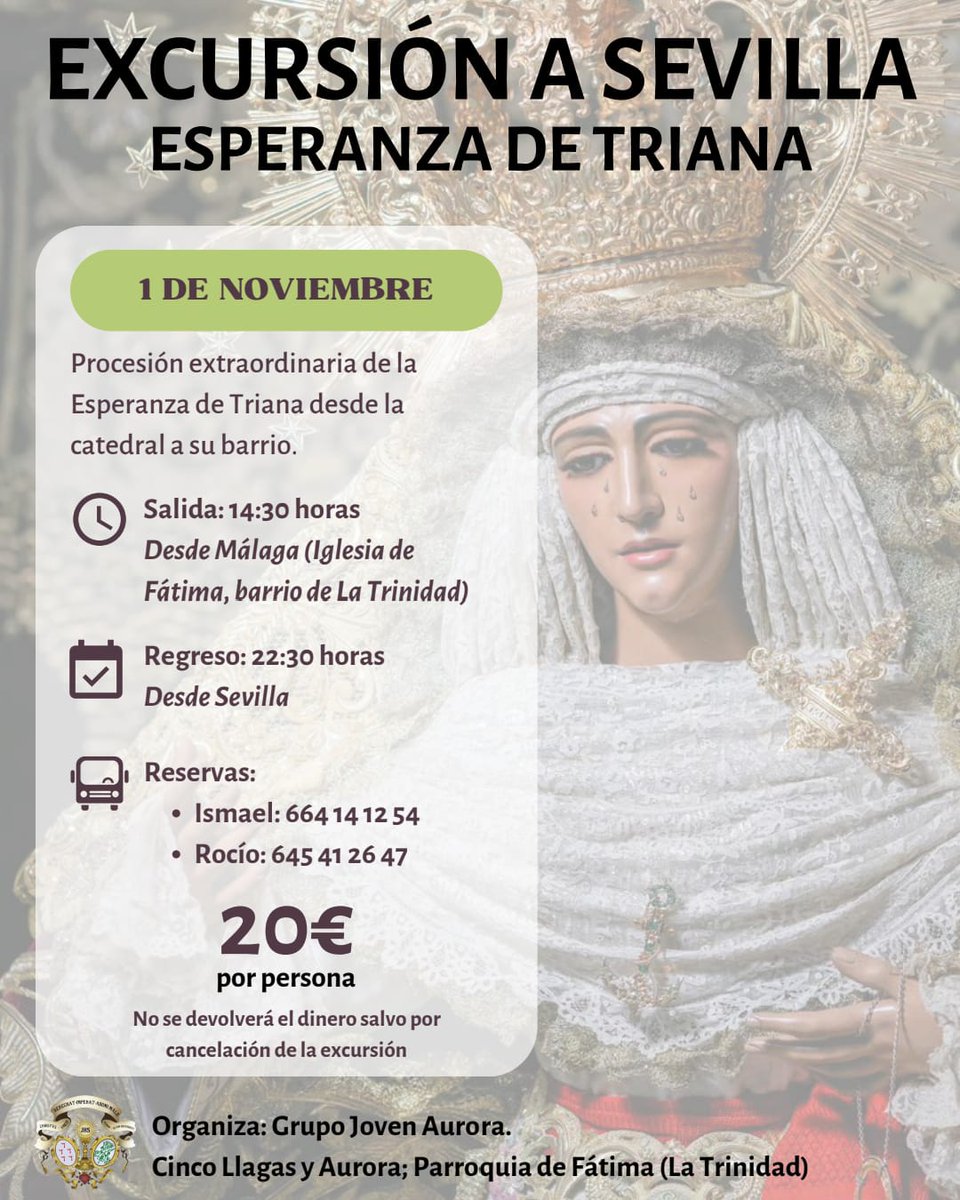 5Ll_Aurora's tweet image. Nuestros luceritos son los  encargados de organizar nuestra primera excursión.
1 de noviembre, Sevilla.
Salida extraordinaria de la Esperanza de Triana.

#5llagasyaurora⚓
#estrelladelamañana
#auroratrinitaria
#CofradiasMLG