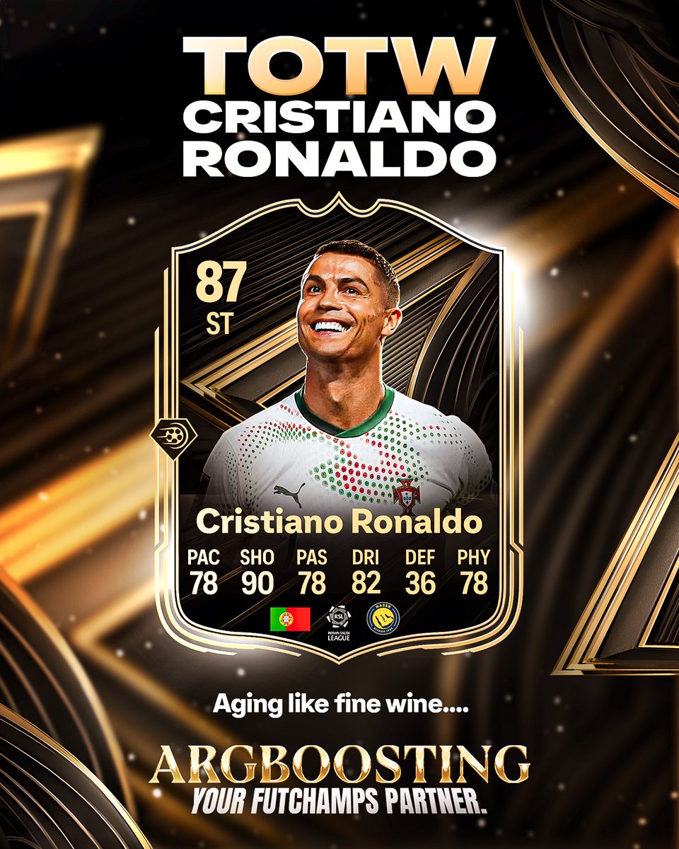 argboosting's tweet photo. ⚡ TOTW Cristiano Ronaldo is here! ⚡
Still aging like fine wine 🍷🔥
90 SHO, 82 DRI and that killer instinct up front.
Is CR7 making your squad this week? 👀
#FC26 #FUT26 #CristianoRonaldo #CR7 #TeamOfTheWeek #TOTW #UltimateTeam #FUTCards #ARGBoosting #FC26News #GOAT https://t.co/n6ZeQbl7CX