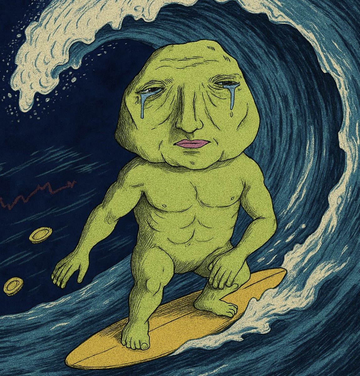 一只悲伤的绿色青蛙在浪上冲浪并哭泣，周围有硬币掉落的插图