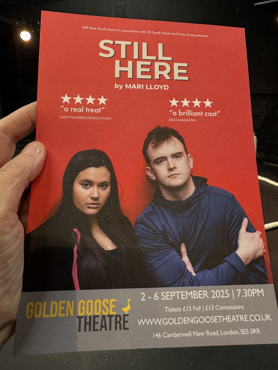 Dual narrative framework that presents several facets &amp; viewpoints #StillHere <a href="/GooseTheatre/">Golden Goose Theatre</a> as Rhys &amp; Yasmin choose self-regulation strategies &amp; strive to determine their life's
purpose, there is a beautiful combination of melancholy &amp; light humour Outstanding performances! ❤️it!