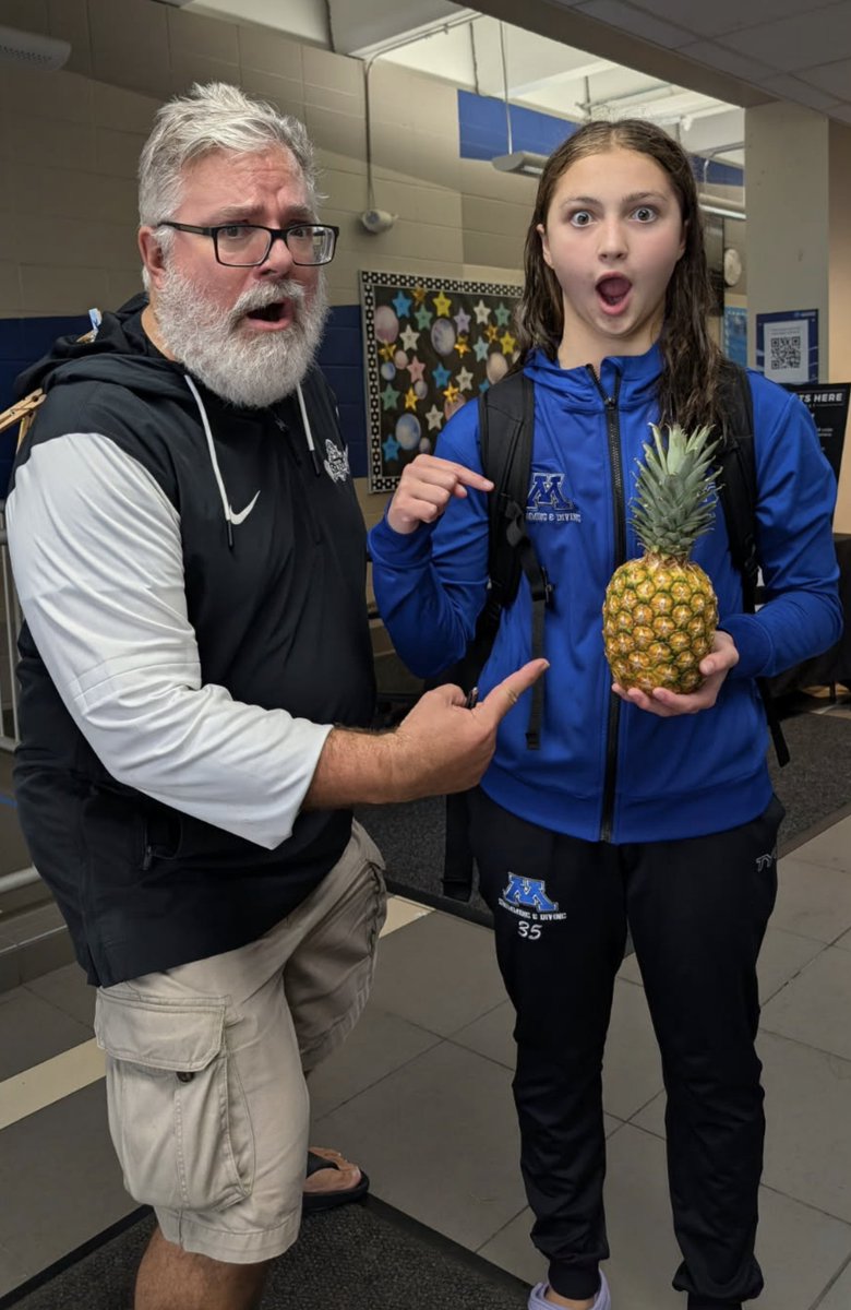 TonkaSkippers's tweet image. ⚓️🏊‍♀️ Minnetonka Coach John Bradley with Fr. Bri Harvey after the Skippers' victory in the Pineapple Relay! About the race, Bradley said, "We had 64 girls behind the blocks at one point! It’s awesome!! #Skippers #PoolFun