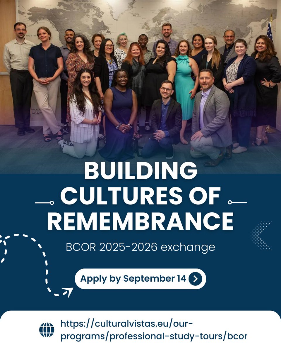 Global Ties San Francisco (@globaltiessf) on Twitter photo 📣 Interested in deepening your skillset at the intersection of Corporate Social Responsibility (#CSR) & historical remembrance? Apply by Sept 14 for <a href="/CulturalVistas/">Cultural Vistas</a> The Building Cultures of Remembrance (BCOR) 2025-2026 transatlantic exchange.
More info: culturalvistas.eu/our-programs/p… 📣 Interested in deepening your skillset at the intersection of Corporate Social Responsibility (#CSR) & historical remembrance? Apply by Sept 14 for <a href="/CulturalVistas/">Cultural Vistas</a> The Building Cultures of Remembrance (BCOR) 2025-2026 transatlantic exchange.
More info: culturalvistas.eu/our-programs/p…