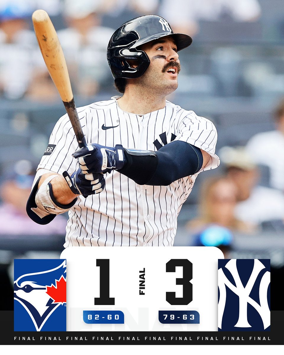 MLB's tweet photo. Austin Wells drives in 2 as the @Yankees move back within 3 games of Toronto for 1st place in the AL East 👀 https://t.co/sKgqR1zxYU