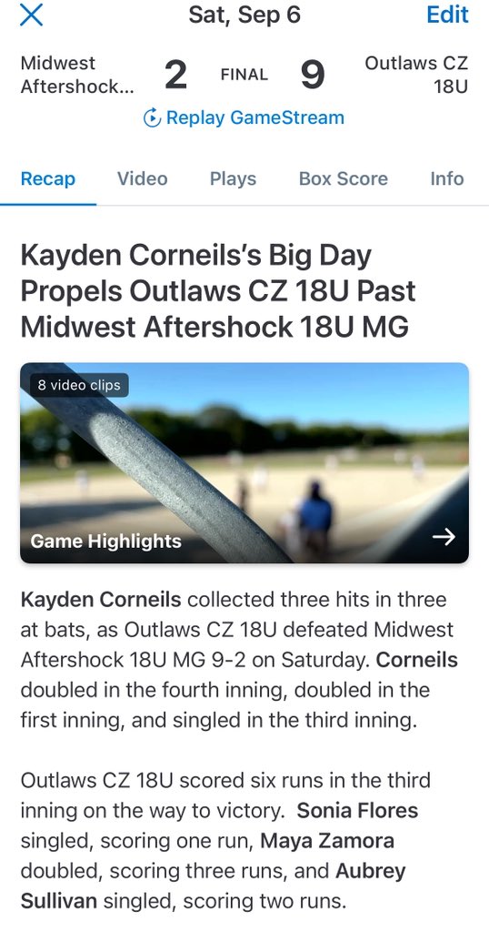 Way to start the season Outlaws 18U CZ, going 3-0 Today. Solid Pitching performance, solid Defense and offense.