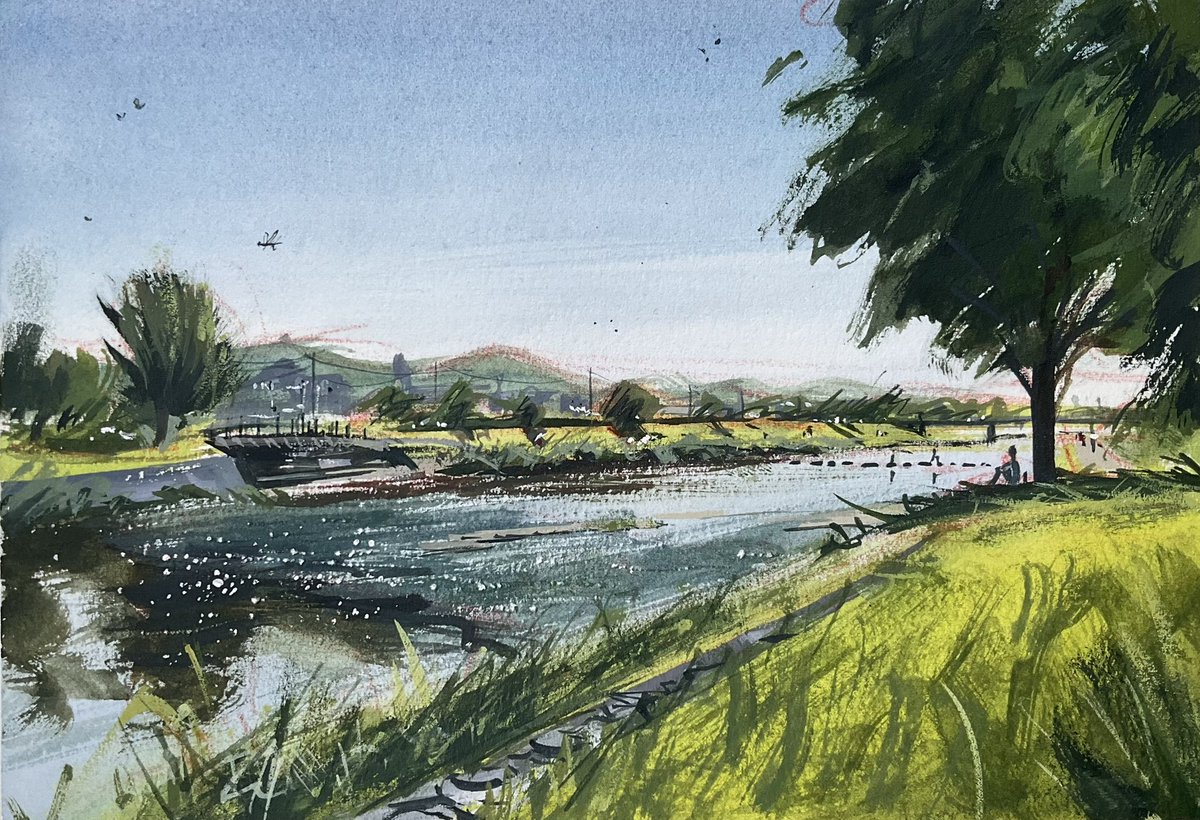 Sketch of the Kamo River from just just north of the Ritz Carlton at midday yesterday. Many dragonflies were in the air.

#pleinair #watercolor #Kyoto