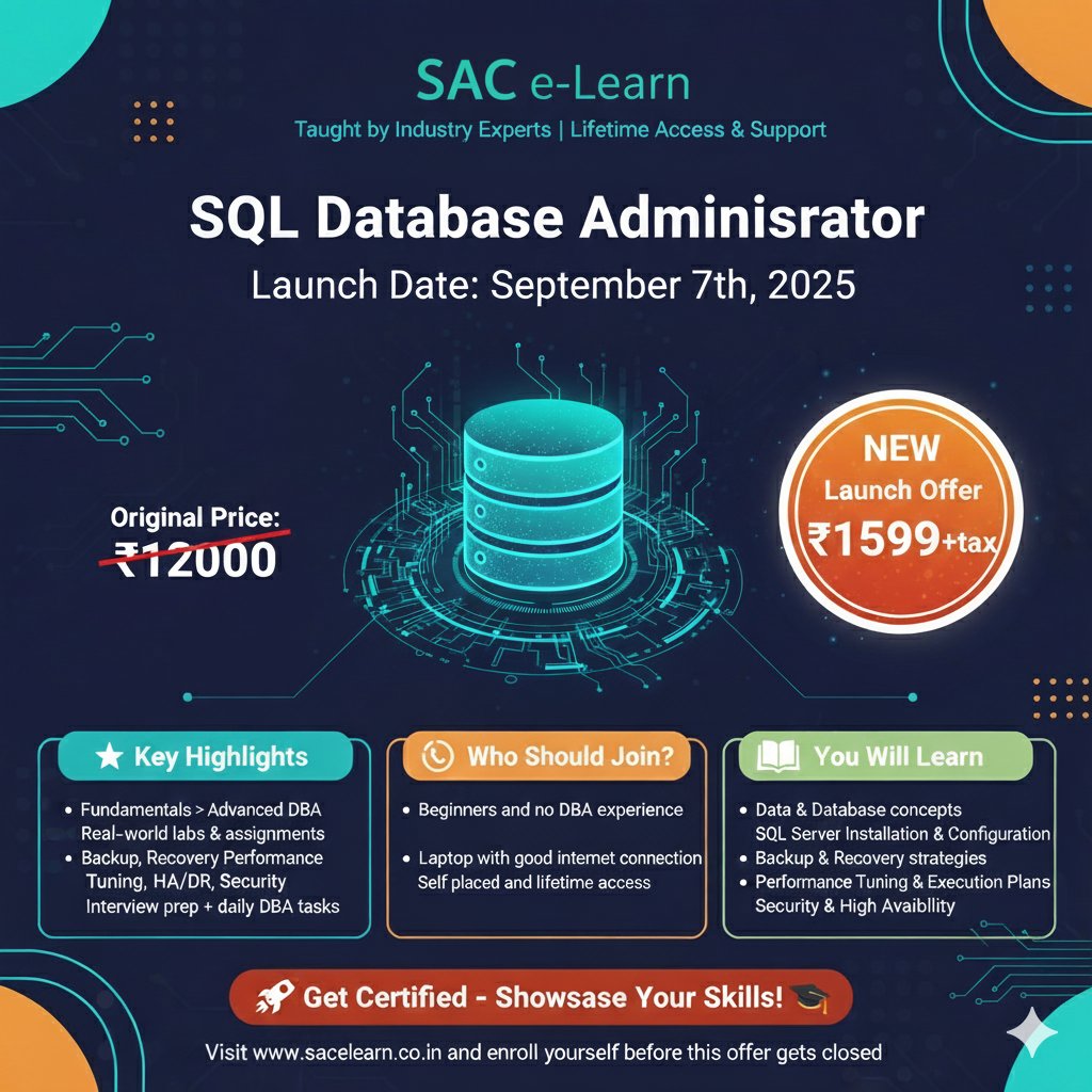 cyr152's tweet image. 🚀 It’s LAUNCH DAY!
The SQL Database Administrator Course is LIVE 🎓
✅ Fundamentals → Advanced DBA
✅ Backup, Recovery &amp;amp; Performance
✅ Lifetime Access + Certification

🔥 Launch Price: ₹1599 + tax
👉 Enroll: sacelearn.co.in

#SQLDBA #SQLServer #OnlineLearning #MSSQL