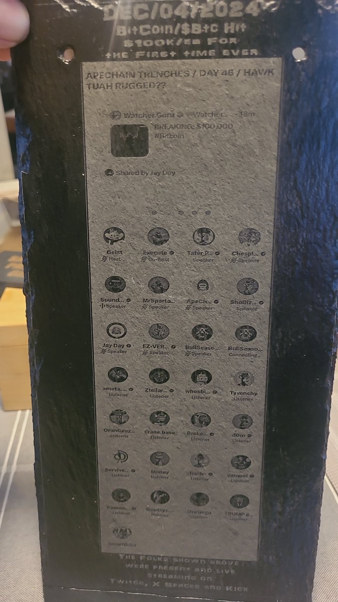 Dec 4 2024..HawkTuah Rugged, And $BTC Hit 100K for the 1st time.  
We Livestreamed It, and I engraved it.. 
So It's written in Stone.  I made 2 .. 
I'm gonna bury one.. and Who knows in the future.   
But It'd be cool to see the faces of those that find it. Tag yourself if there.