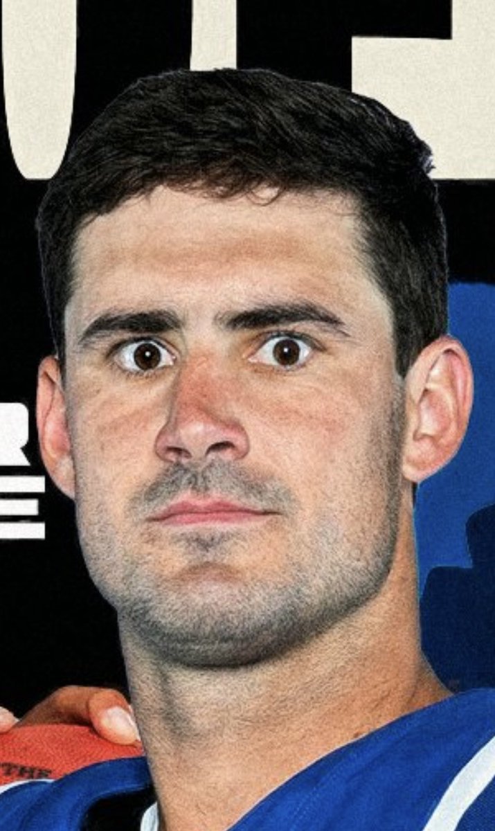 Daniel Jones wearing a blue Indianapolis Colts jersey. His dark hair is neatly styled, and he has a focused expression.