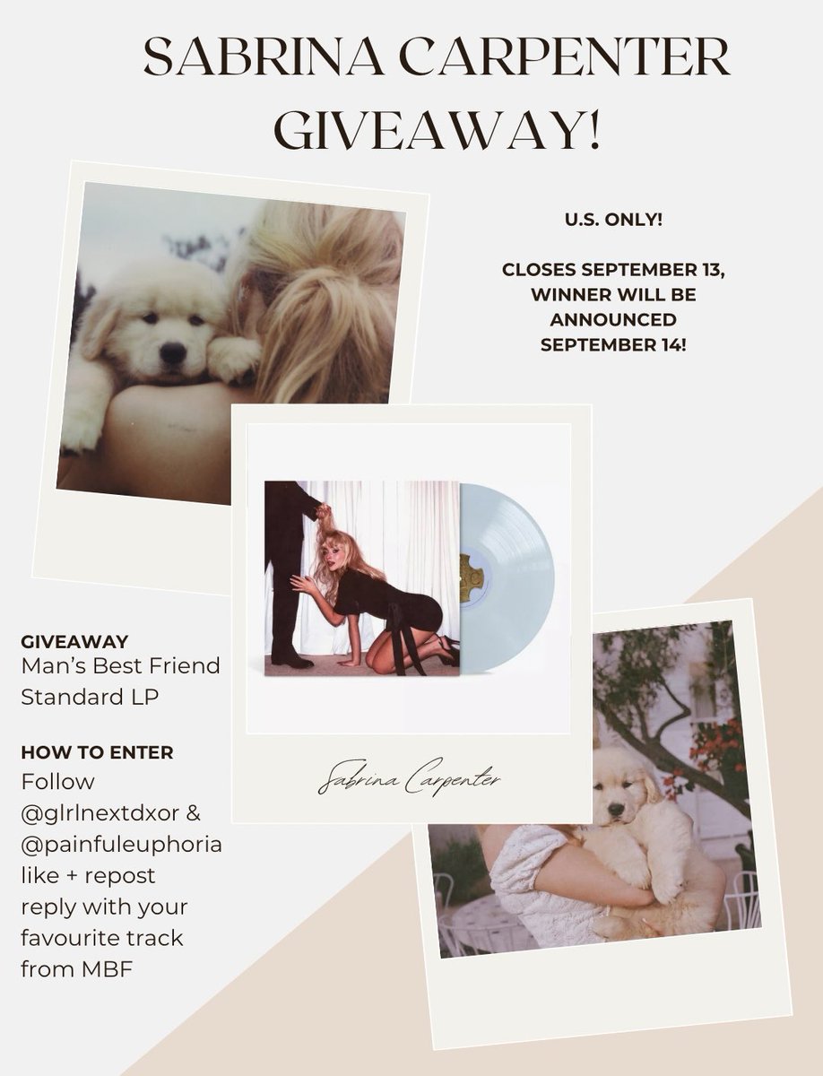 SABRINA CARPENTER MAN’S BEST FRIEND STANDARD VINYL GIVEAWAY! 🐾

RULES: follow <a href="/GlRLNEXTDXOR/">kat ♱</a> &amp; <a href="/painfuleuphoria/">mads</a> and reply with your fave track from MBF!

U.S. ONLY (plan on doing an international giveaway soon!)

closes september 13

good luck!🖤