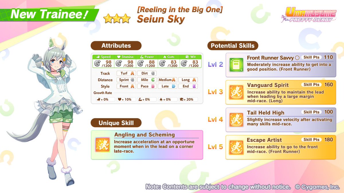 umamusume_eng's tweet image. 🎊 Here's your first look at the new 3★ character!

Introducing [Reeling in the Big One] Seiun Sky!

For details, please check the Featured Trainees section on the top right of the Scout screen, available from Sep 7 (UTC).

#Umamusume