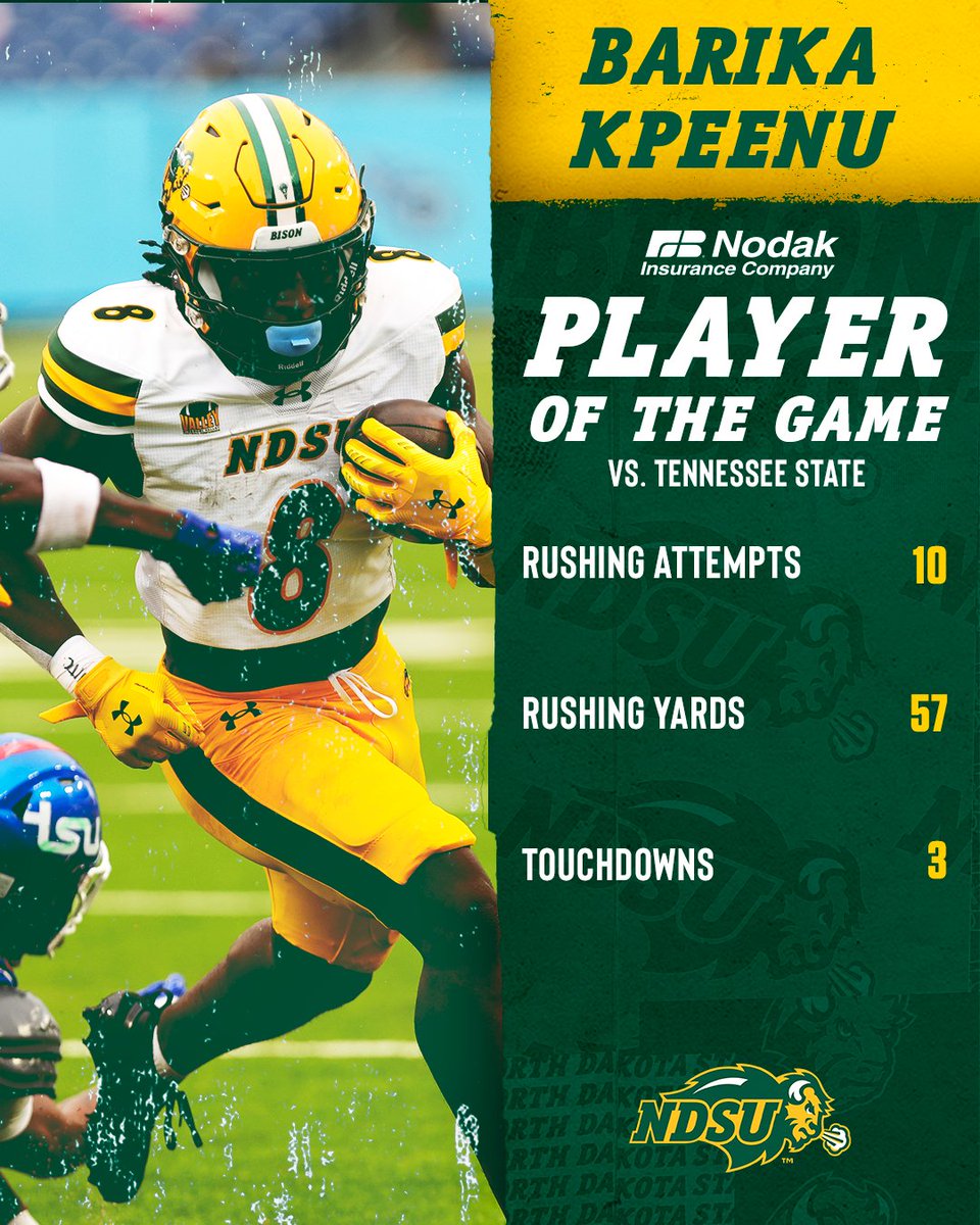 Today's Nodak Insurance Player of the Game is running back Barika Kpeenu, who found the end zone three times in the first half led by a strong performance from the Bison offensive line.