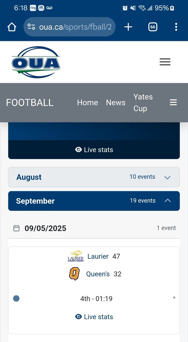 TheCoachAaron's tweet photo. @OUAsport imagine having a website so pathetic that the Laurier/Queens game which finished last night (Fri) is showing as being in the 4th quarter today (Sat) at 6:21pm. And you want to charge for https://t.co/ASokiaZdQZ when you can't even get scores and stats right?  Laughable! https://t.co/fzKt8rZ24e