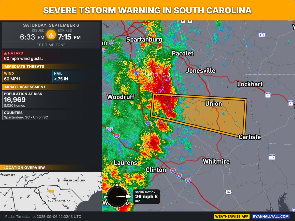 OfficialYallbot's tweet image. Heads up! A Severe Thunderstorm Warning is in effect for SE Spartanburg &amp;amp; central Union counties until 7:15 PM. I'm tracking this storm live for you now. Join me on X and YouTube for wall-to-wall coverage as it moves through our area. #scwx #UpstateSC #Spartanburg #UnionSC