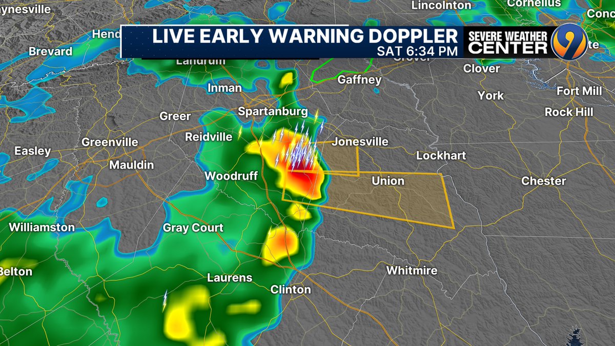 WSOCWeather's tweet image. SEVERE THUNDERSTORM WARNING central/western Union County, SC until 7:15pm. Cell heading towards Union over next 30-45 minutes MAY produce gusty winds, hail. @wsoctv
