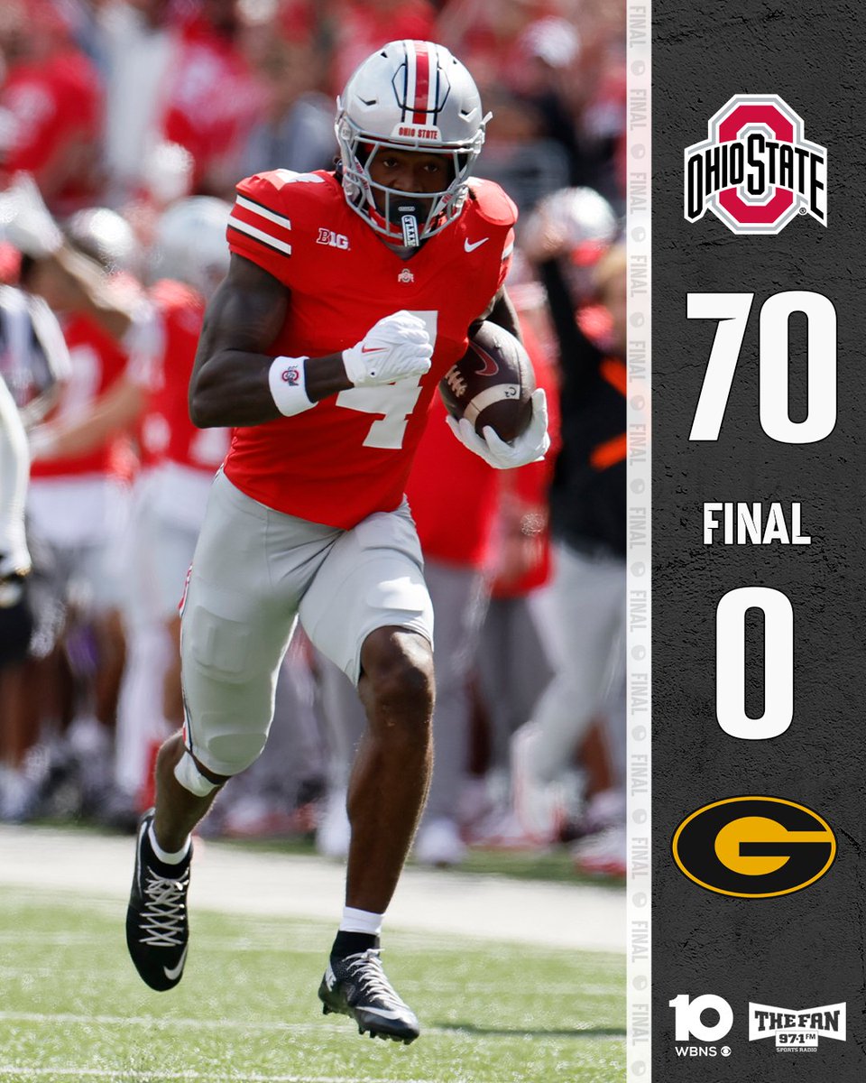10TV's tweet image. BUCKEYES WIN! Julian Sayin threw for over 300 yards and four touchdowns in the first half as Ohio State cruised to a 70-0 win over Grambling State.