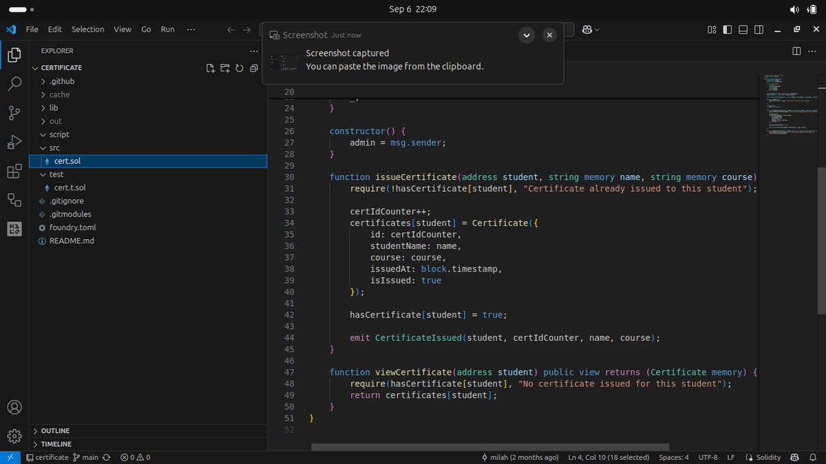 jemilah_shittu's tweet photo. Day 24 of My Blockchain Journey ,
Today, I built a Certificate Issuer smart contract in Solidity (v0.8).
It enables an admin to issue blockchain-verified certificates to students. No forgery, no paper hassle,just trustless credentials. 👇 https://t.co/3rL80VufW3