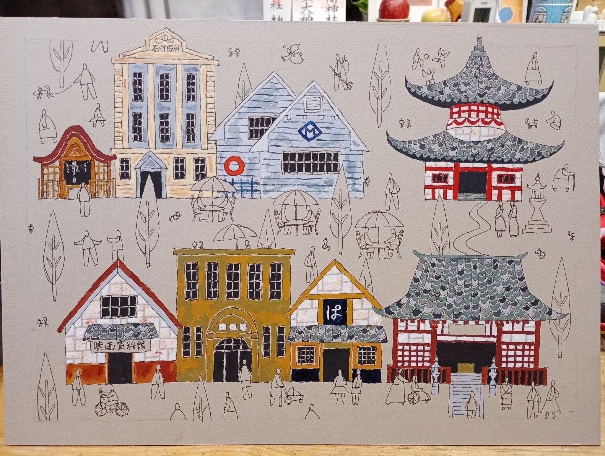 奥村ユズル　水彩画原画　ドイツ古城街道の小さなホテル 奥村ユズル水彩画原画ドイツ古城街道の小さなホテル