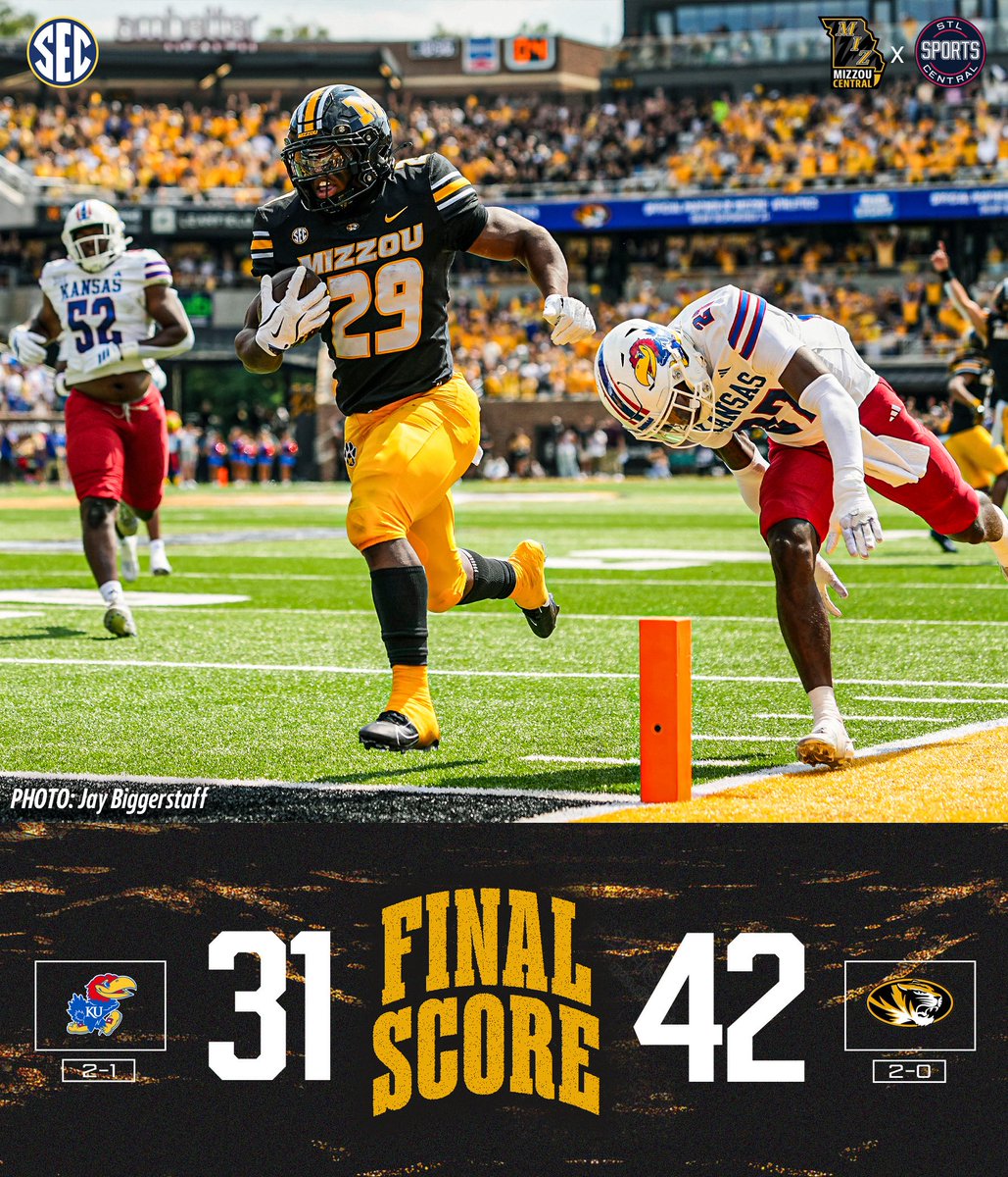 MIZCentral's tweet photo. MIZZOU WINS THE BORDER WAR! 🐯

Missouri takes down kU to move to 2-0 on the season 

#MIZ https://t.co/6T0KN9XXDu