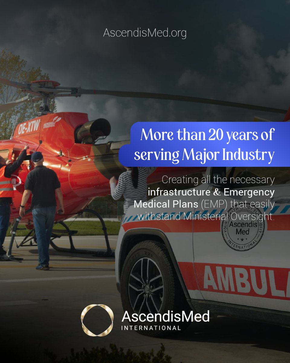 Creating all the necessary infrastructure and Emergency Medical Plans (EMP) that meet Ministerial Oversight standards. With over 20 years of experience, our Medical Emergency Response is second to none. 

#AscendisMed #HealthCompliance #WorkplaceSafety #EmergencyResponse