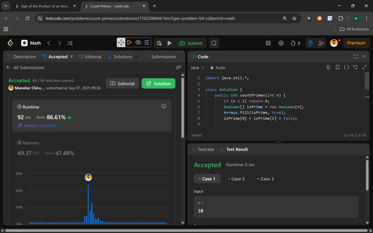 Manohar2909's tweet image. 🚀 Day 99/100 of #100DaysOfCodingChallenge.
1822. Sign of the Product of an Array
204. Count Primes
#CodingChallenge #DSA #JavaProgramming #SieveOfEratosthenes #LeetCode #ProblemSolving #CodeNewbie #SoftwareEngineering #PlacementPrep #BigONotation #TimeComplexity #LearnToCode