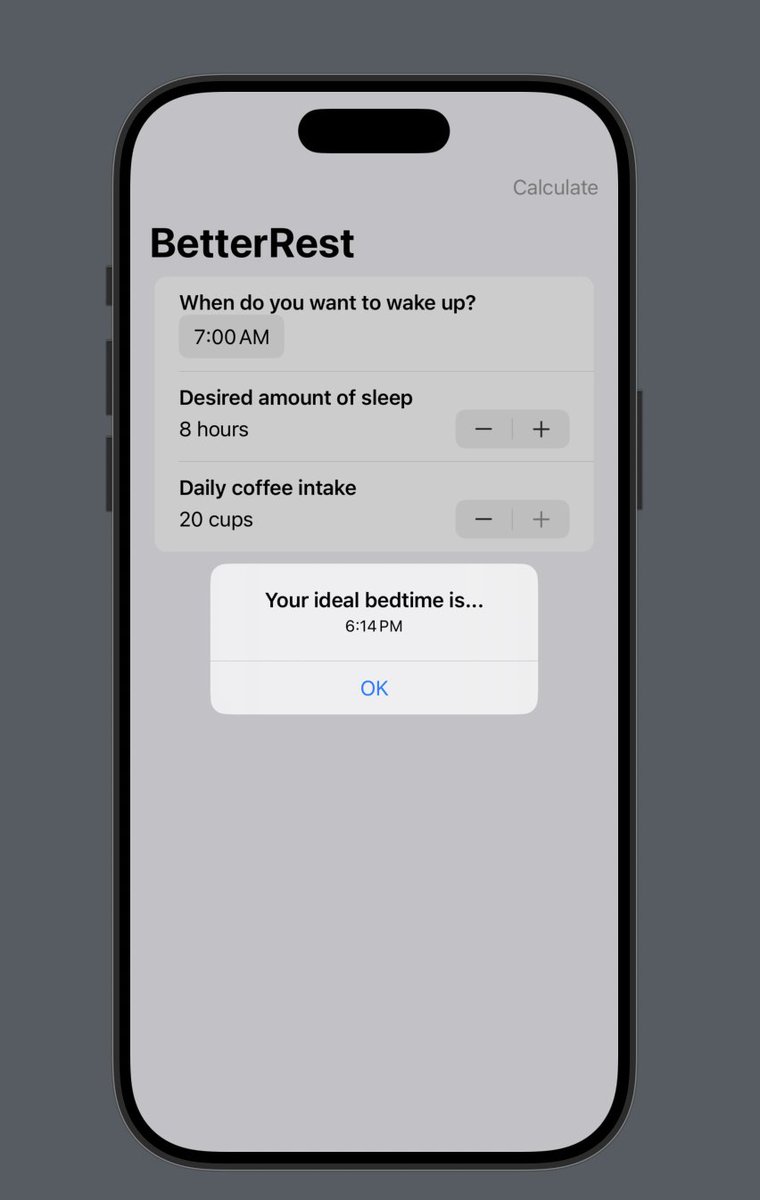 jennyanez_'s tweet image. ✅Day 27 of the #100DaysOfSwiftUI
BetterRest is done (for now)— I guess the next class will have a challenge 🤠 I loved putting ML into practice with SwiftUI, it was something simple, but I really enjoyed it. Hopefully, I won’t fall asleep while watching the optional video 🤓