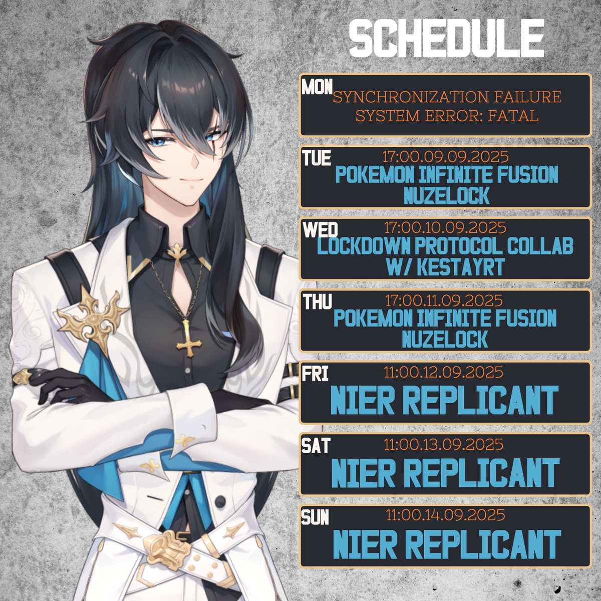 Hello Lab Mates,

Time for a new schedule!

More suffering through the randomized Nuzelock Tuesday and Thursday

some social engineering w/ <a href="/kestayrt/">Kestayrt | Chaotic Vtuber</a> on Wednesday

And a whole lot of NieR the remainder of the week as I do my first playthrough