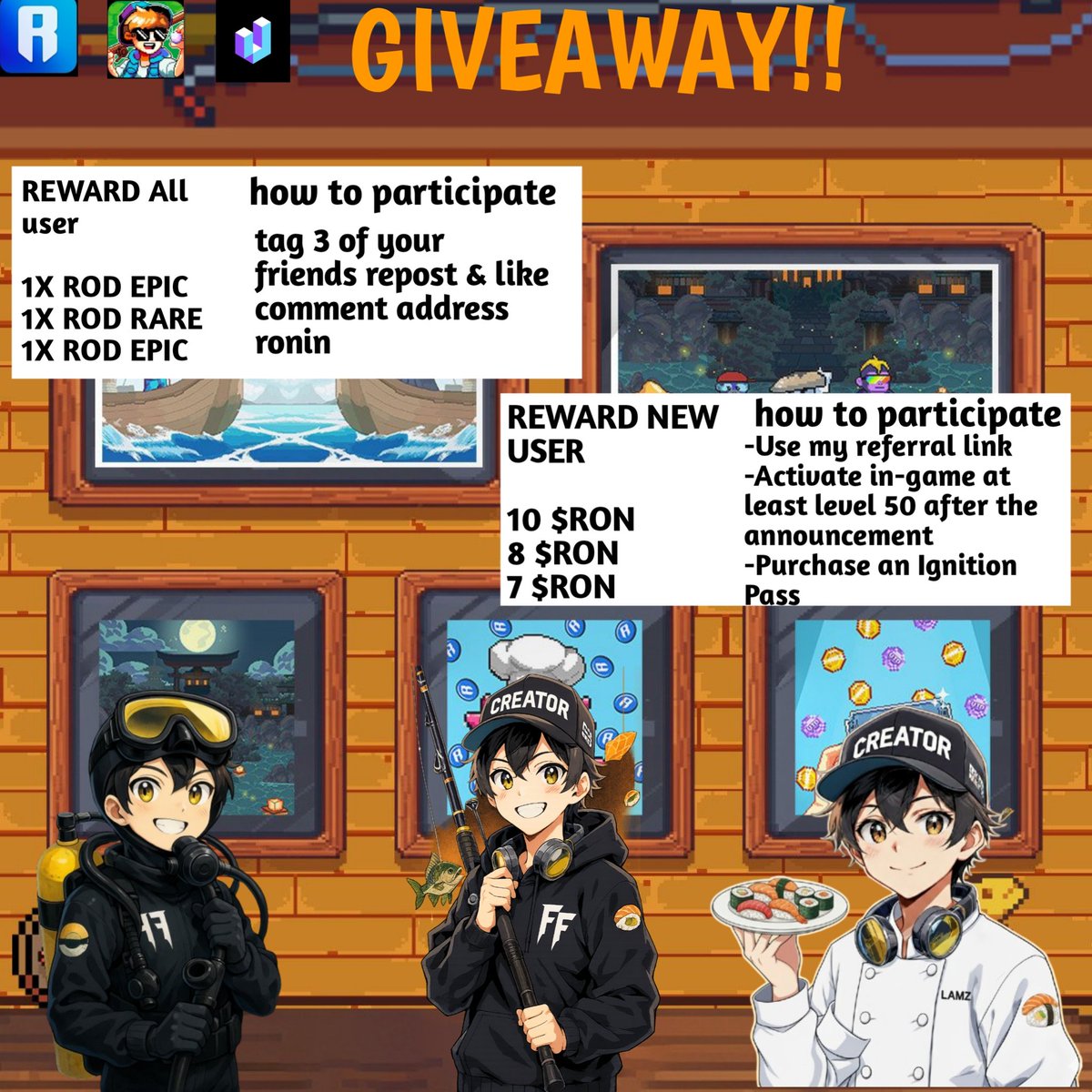 GIVEAWAY!! 
This event lasts for 4 days, and the rewards will be announced on the 11th, check the detailed conditions in the photo below.<a href="/FishingFrenzyCo/">Fishing Frenzy</a> <a href="/FishingFrenzyID/">Fishing Frenzy Indonesia 🇮🇩</a> <a href="/gguncharted/">Uncharted</a> <a href="/xdereklau/">Derek 🗺️</a> <a href="/Ronin_Network/">Ronin</a> <a href="/datroninguy/">RoninGuy.ron</a> 
Lest play  fishingfrenzy.co/?code=UBCKO3