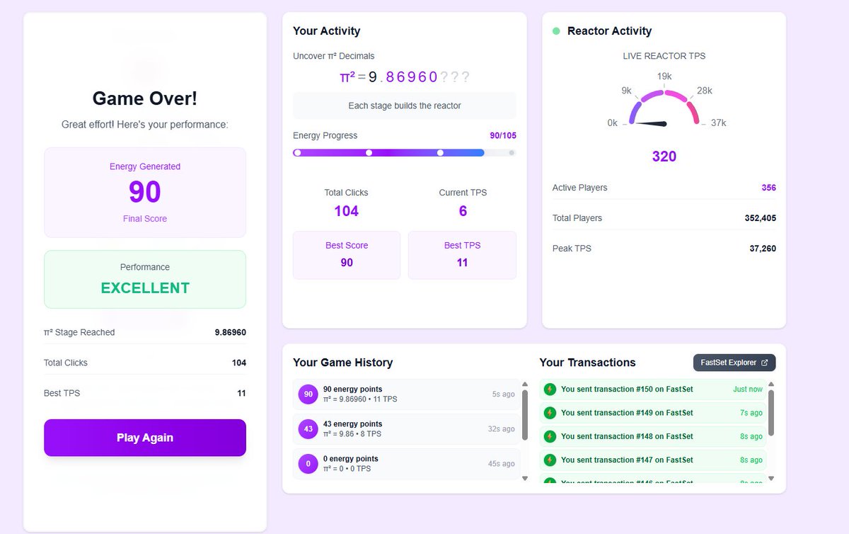 hanaa (Ø,G) | 𝔽rAI ⌘ 🍊,💊 π² (@hanaaa15139869) on Twitter photo ⚡ Just dropped my best score on Reactor Game:
90 Energy Points 💥 | Performance: EXCELLENT ✅
Reaching π² stage 9.86960 with 104 clicks & 11 TPS — what a run! 🚀
Who’s ready to beat this? 👀
#ReactorGame #FastSet #Web3Gaming
cc: <a href="/Pi_Squared_Pi2/">Pi Squared</a> ⚡ Just dropped my best score on Reactor Game:
90 Energy Points 💥 | Performance: EXCELLENT ✅
Reaching π² stage 9.86960 with 104 clicks & 11 TPS — what a run! 🚀
Who’s ready to beat this? 👀
#ReactorGame #FastSet #Web3Gaming
cc: <a href="/Pi_Squared_Pi2/">Pi Squared</a>