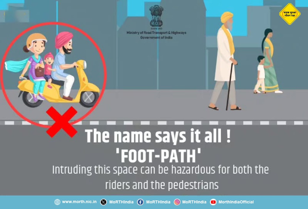 MORTHIndia's tweet photo. The footpath belongs to the pedestrians; do not obstruct their right of way with your vehicle. #SadakSurakshaJeevanRaksha #RoadSafety #DriveResponsibly https://t.co/mnznVtm8Hn