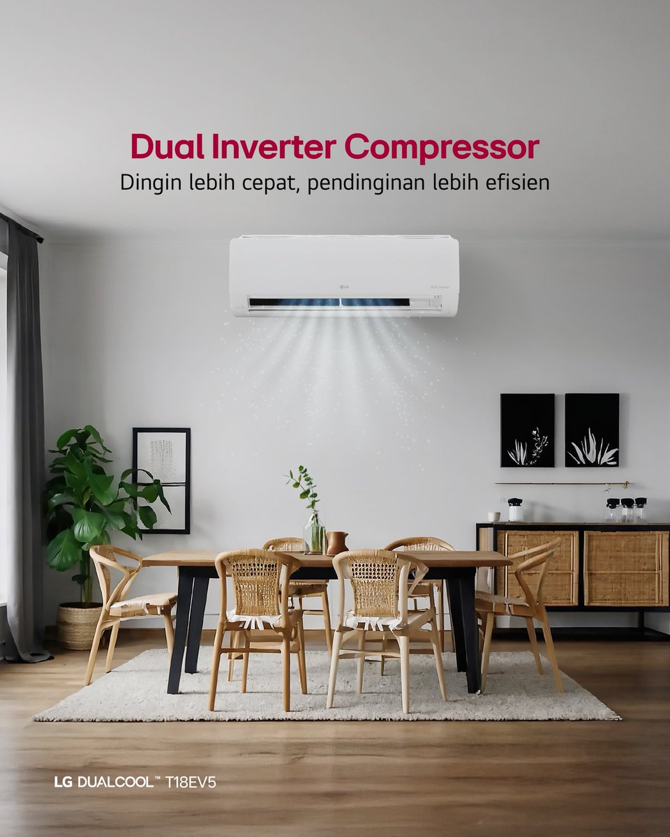 AC LG DUALCOOL Inverter menghadirkan udara yang sejuk dan bersih sejak dinyalakan. Hembusan angin menyebar cepat dan merata ke seluruh ruangan, menciptakan suasana nyaman di tiap sudut rumah. 

Didukung teknologi hemat listrik DUAL Inverter Compressor, proses pendinginan tetap