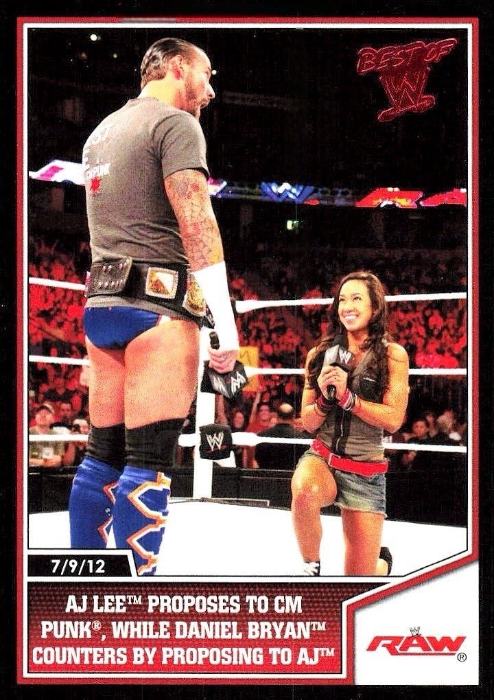 ChrisSteuber's tweet photo. If you're a wrestling card collector and are excited about the return of @TheAJMendez, this 2013 Topps Best of #WWE Card of AJ Lee proposing to @CMPunk is a cool card to get. There are a handful of variations: Blue, Bronze, Red, Silver, Gold (#'d /10) and Printing Plates. https://t.co/8ljerpQFS8