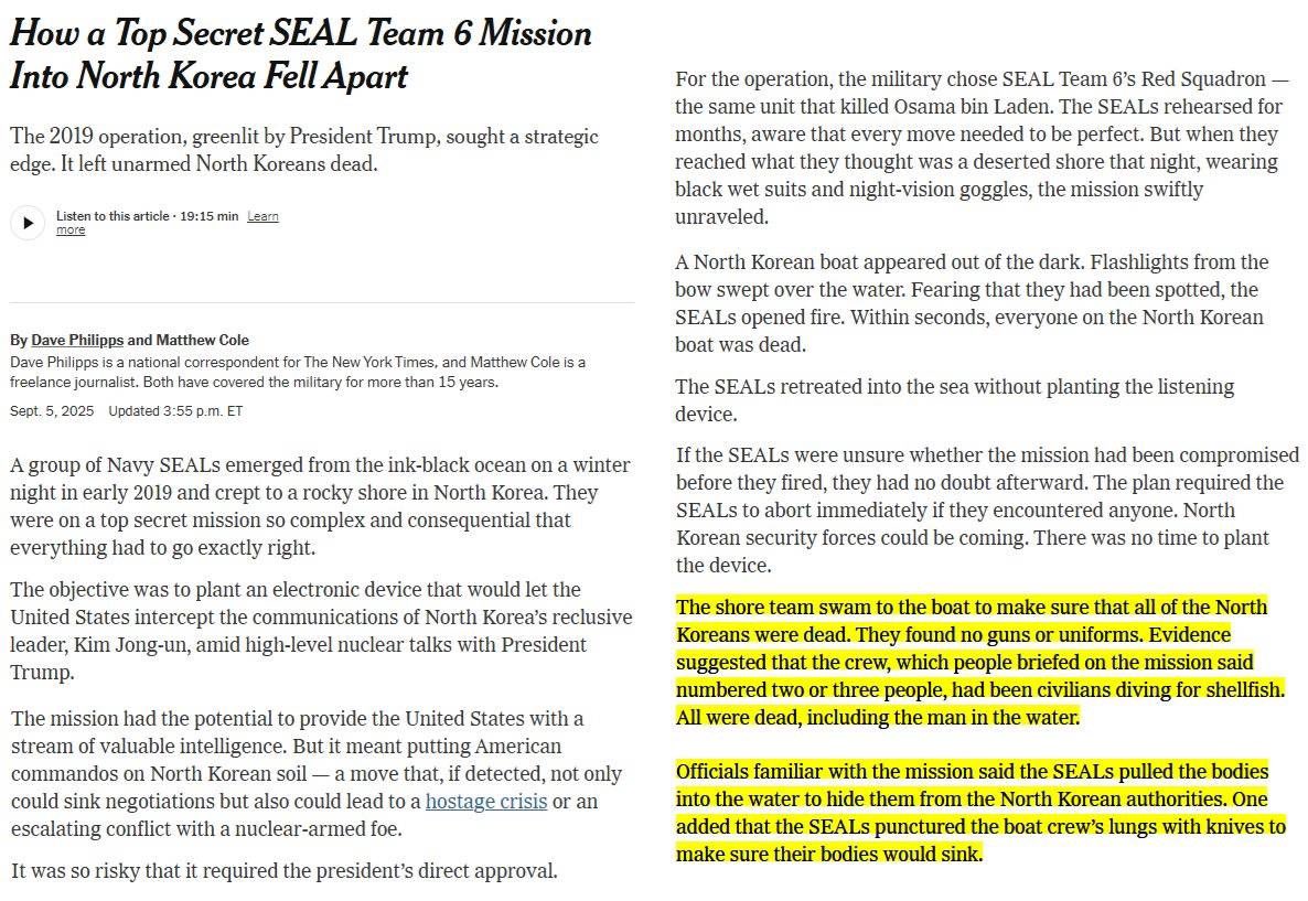 Hey so real quick they didn’t just kill civilians in DPRK.

They gutted their lungs so they would sink and then fled hoping the bodies never got discovered, they would never get caught, and their families wouldn’t get closure.

Fuck America, Fuck Trump, fuck the SEALS.