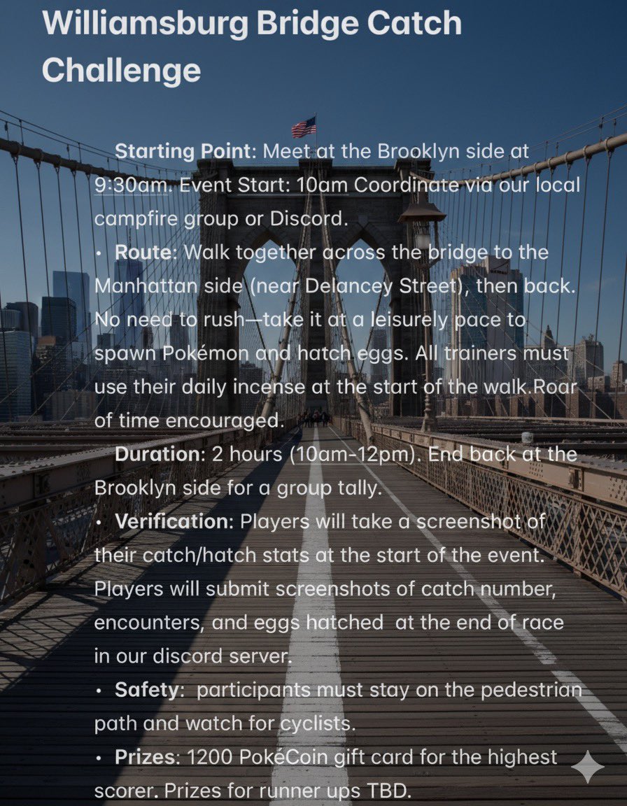 Ok Yall I’m Hosting a Pokemon Catch challenge at the Williamsburg Bridge. Prize is a Gift card worth 1200 Poke Coins. Check the Campfire for details. cmpf.re/lZwvHJ #pokemongo #pokemongonyc #campfire #communityambassador