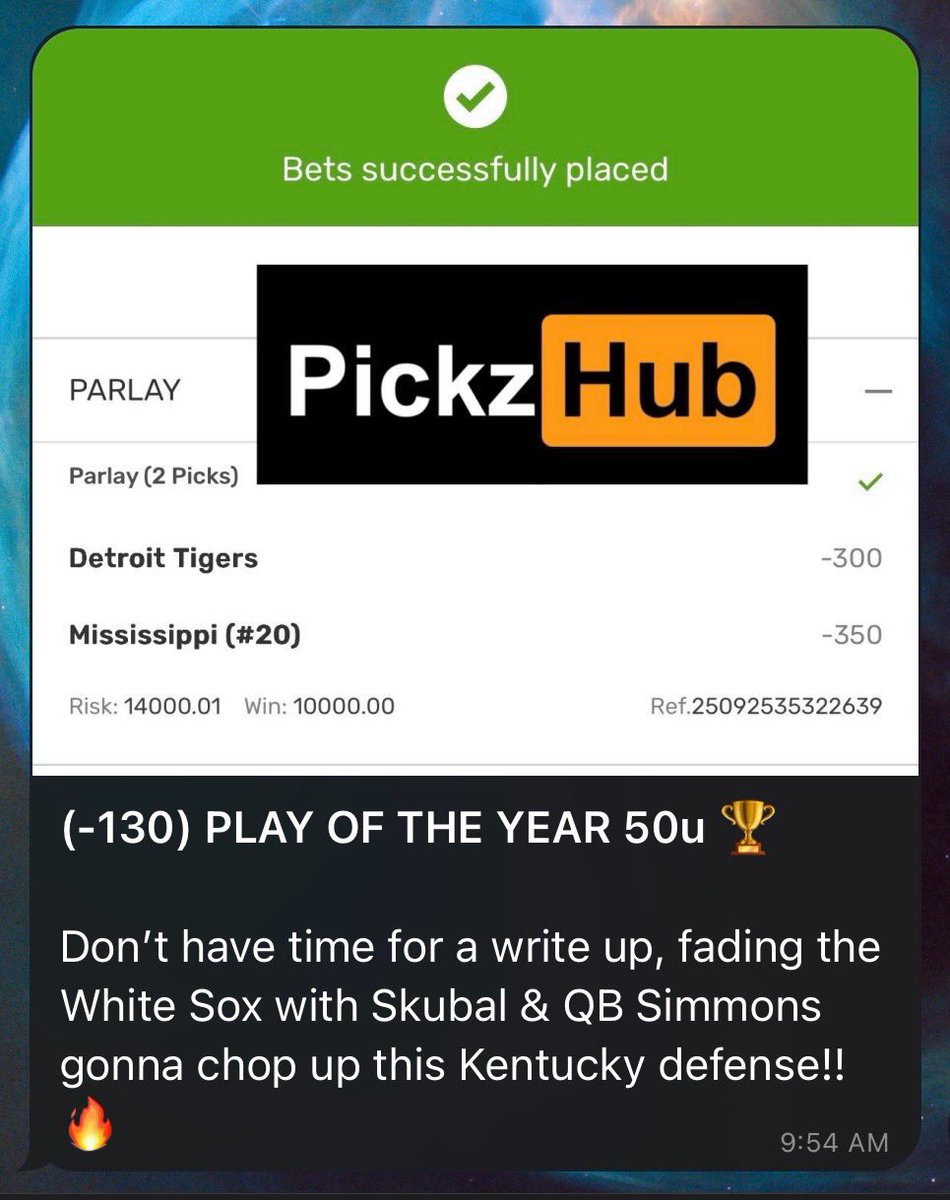 BANGGGGGGG BLOWOUT POTY WINNER!!! 🏆✅

PLAY OF THE YEAR (-130) 50u 🏆✅ $24,000
OLE MISS ✅
TIGERS ✅

GUARANTEED NFL LOCK TOMORROW!!! 🏈🔒

CHANGE YOUR LIFE HERE! ➡️ Whop.com/PickzHub