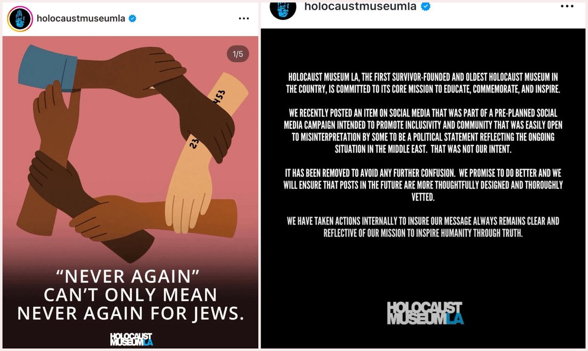 IhabHassane's tweet photo. The LA Holocaust Museum posted on Instagram, “Never again can't only mean never again for Jews.” They later deleted the post and issued a clarification.

Taking it down was disappointing—there was nothing wrong with that message. https://t.co/mbJvRLUXZM