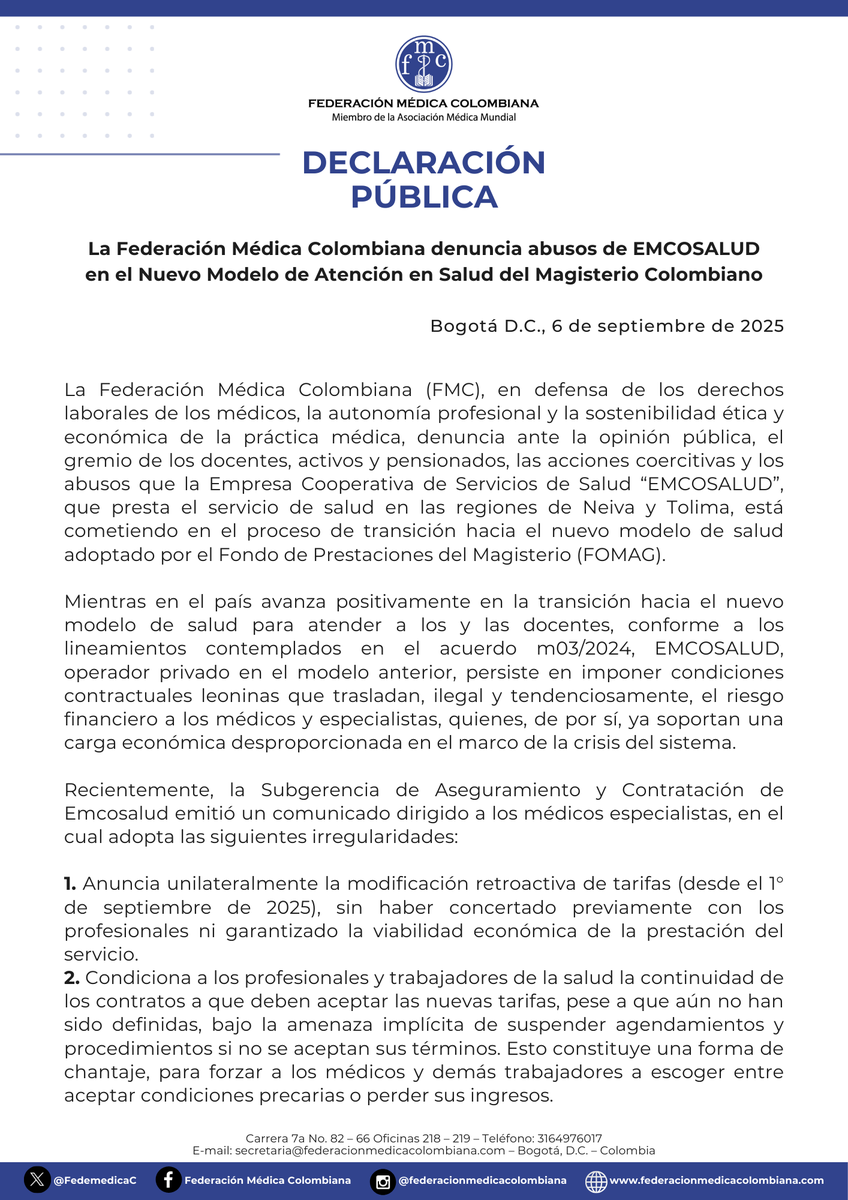 FedemedicaC's tweet photo. 🚨 ¡ALERTA! @FedemedicaC denuncia abusos de #EMCOSALUD en transición del modelo de salud del Magisterio:

🔻 Modifica tarifas retroactivamente
🔻 Amenaza con suspender citas si no aceptan
🔻 Trasladan su crisis financiera a los profesionales
🔻 No pagan deudas anteriores https://t.co/WlaEk7DLwt