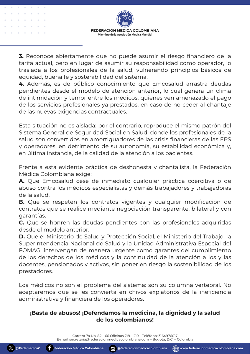 FedemedicaC's tweet photo. 🚨 ¡ALERTA! @FedemedicaC denuncia abusos de #EMCOSALUD en transición del modelo de salud del Magisterio:

🔻 Modifica tarifas retroactivamente
🔻 Amenaza con suspender citas si no aceptan
🔻 Trasladan su crisis financiera a los profesionales
🔻 No pagan deudas anteriores https://t.co/WlaEk7DLwt