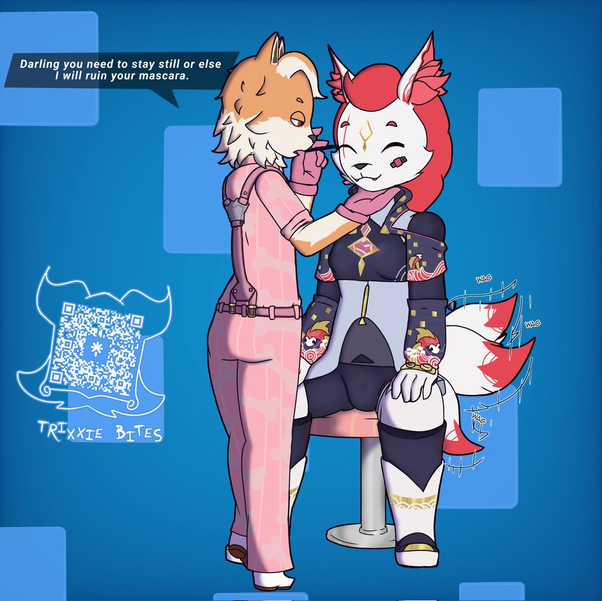 Trixxie2biten's tweet image. The Fox Clan&apos;s Guardian can&apos;t go on the mission without her make-up! It never goes wrong with her favorite make up artist!;She might enjoy doing it a bit too much

Commission for @/Apaco_is_me!

#FortniteArt #Kimikofivetail #fetch #Artmoots #ArtistOnTwitter
