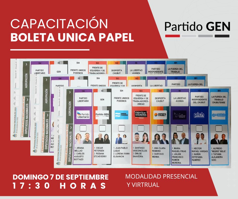 Este domingo 7 de septiembre a las 17:30 h , suma a nuestra capacitación sobre la Boleta Única Papel (BUP) 🗳️. Es una herramienta fundamental para fortalecer nuestra democracia y un tema clave para todos los afiliados.Podés participar de forma virtual 💻 o presencial 🤝#GENChubut