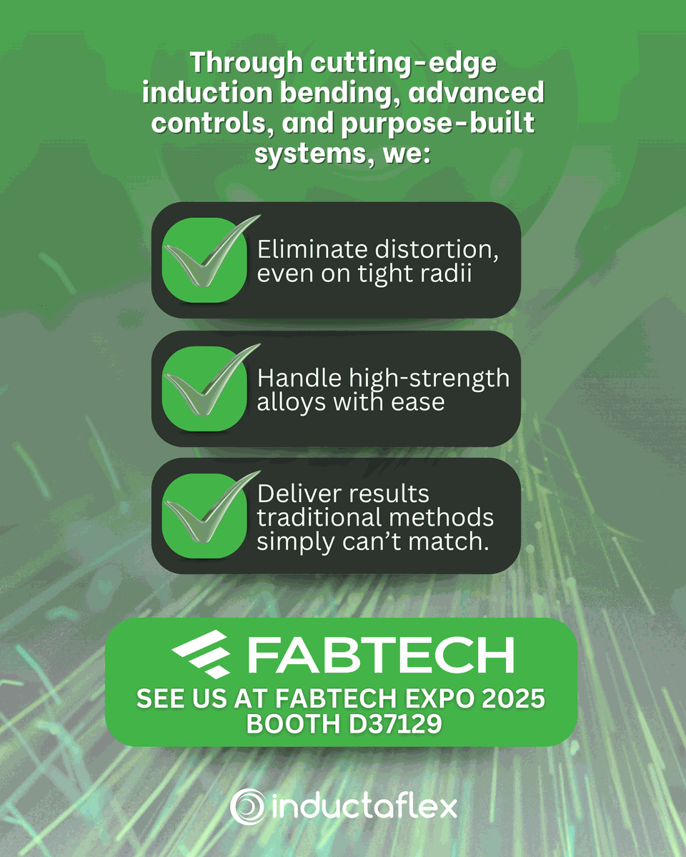 inductaflex's tweet photo. Bold designs need bold tech — Inductaflex delivers.

From architectural flair to aerospace precision, our induction bending systems make the impossible… bendable. If you can design it, we can bend it.

📍McCormick Place, Sept 8–11
🔗 https://t.co/ufiyXp8eLF https://t.co/MlAhikqQsP
